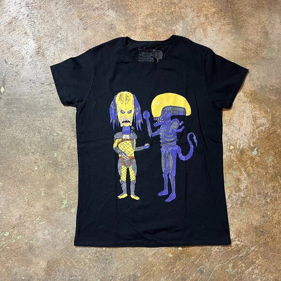 Black Beavis and Butthead as Alien and Predator T-Shirt Pizza Party Printing Art - Picture 1 of 2
